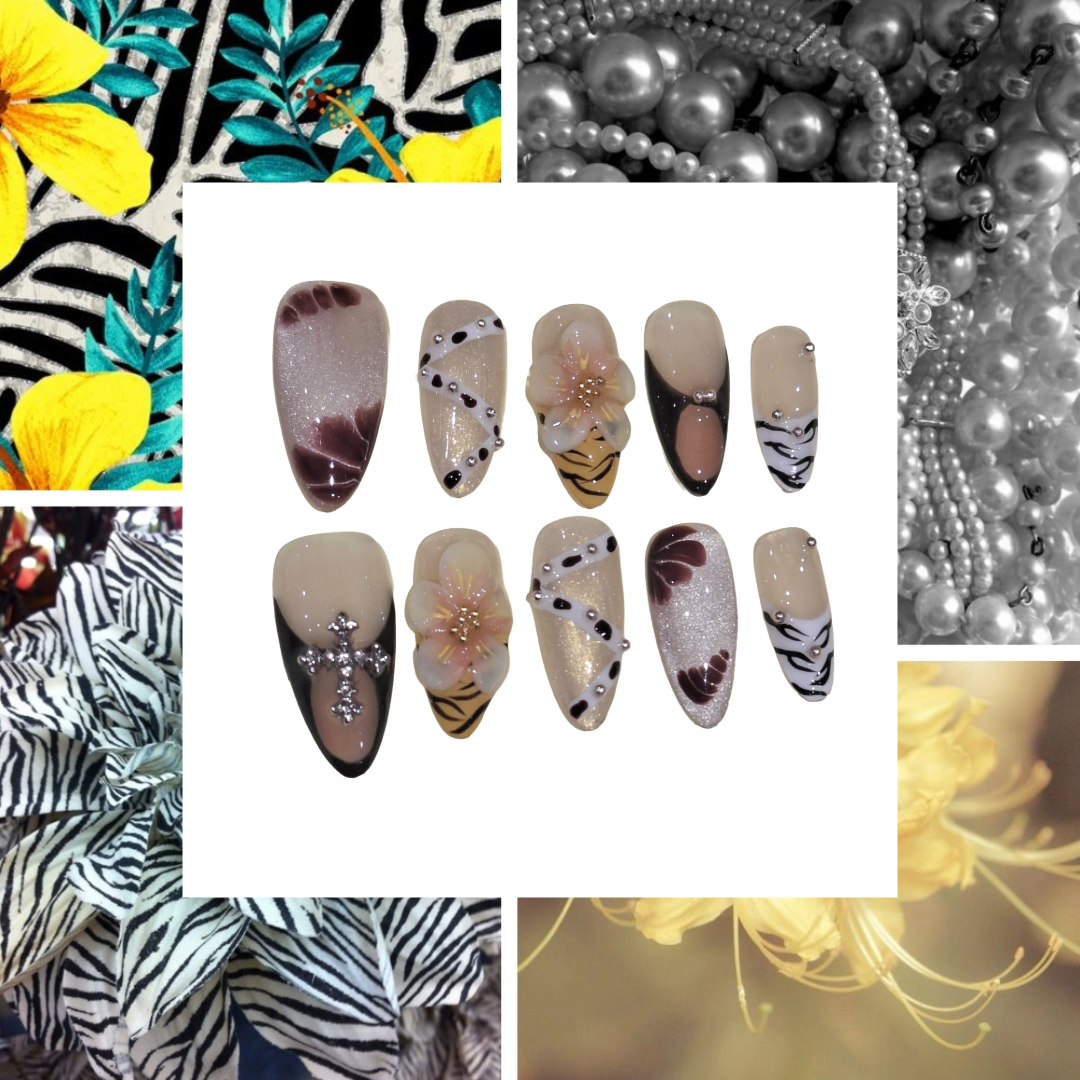 Floral Shimmer Acrylic Almond Press On Nail