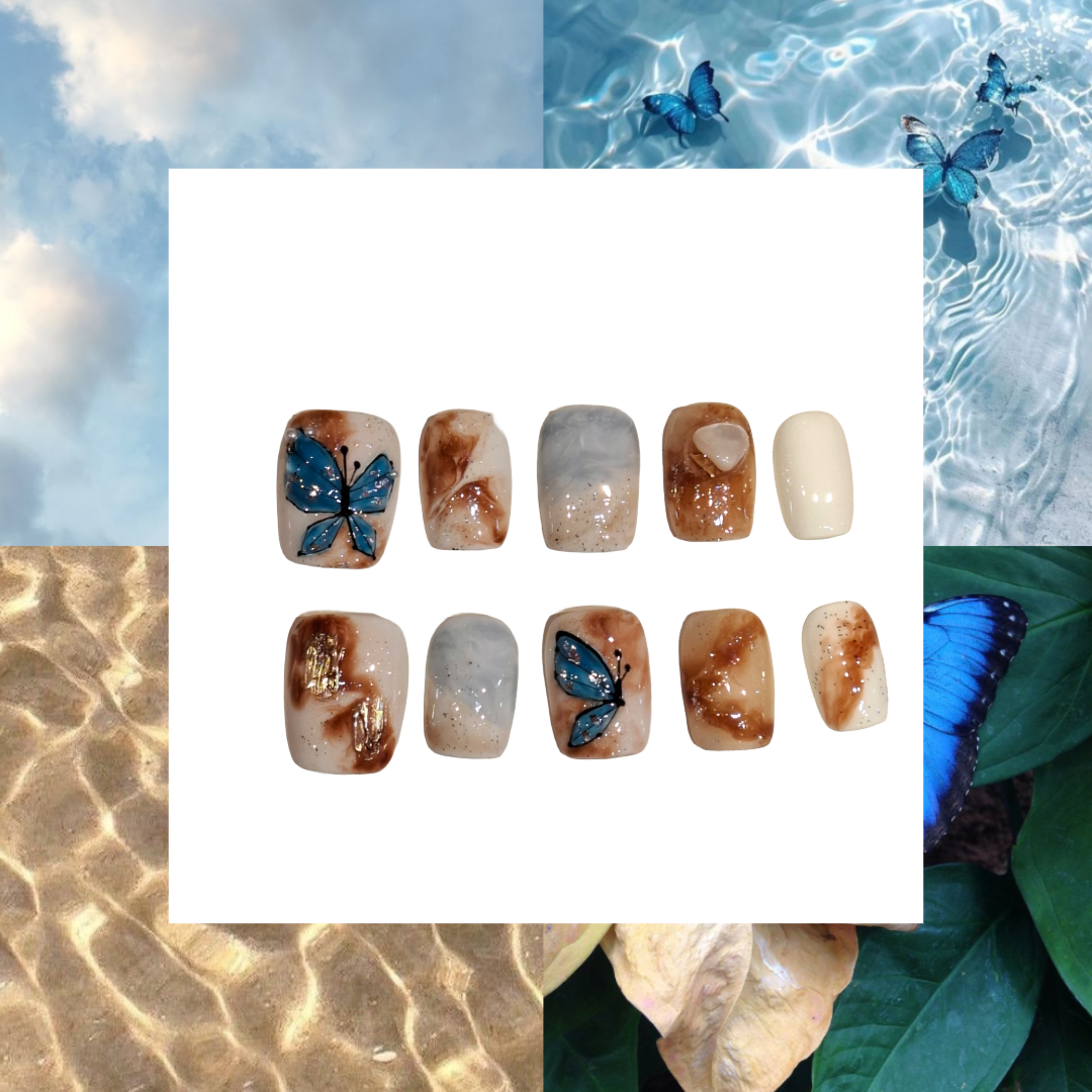 Blue Sky Butterfly Acrylic Square Press On Nail - MaYonail Store