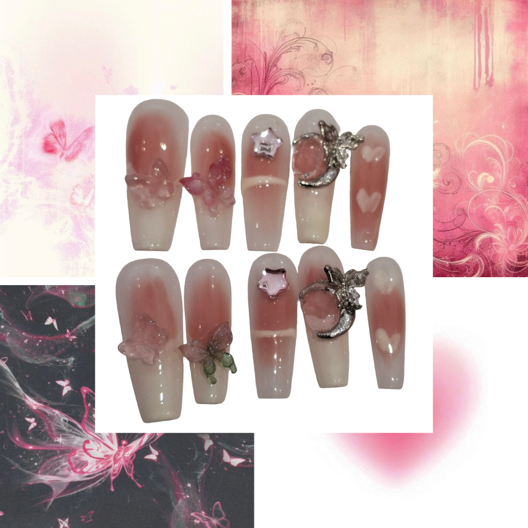 Butterfly Pink Acrylic Coffin press On Nail - MaYonail Store