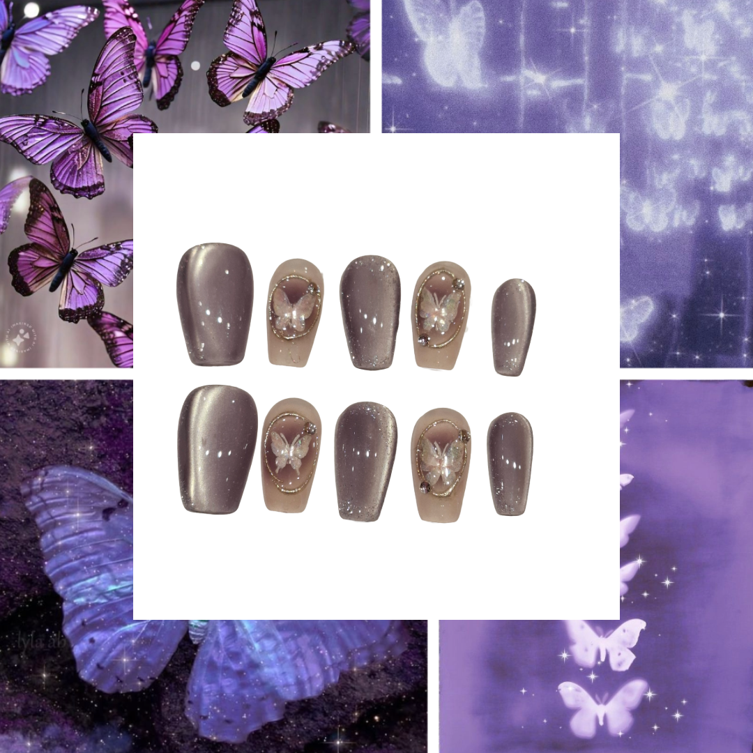 Lilac Butterfly Acrylic Coffin Press On Nail - MaYonail Store