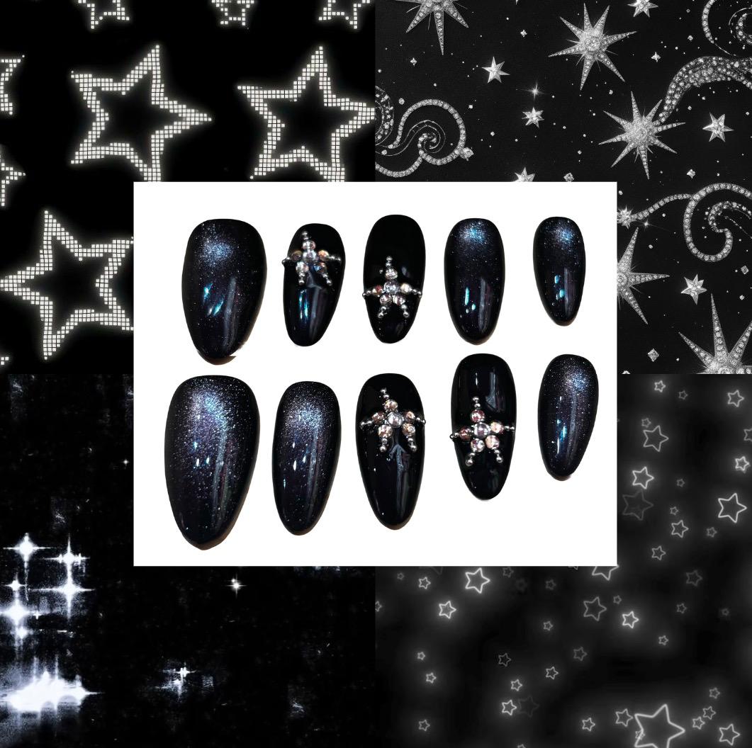 Black Star Bling Acrylic Almond Press On Nail - MaYonail Store