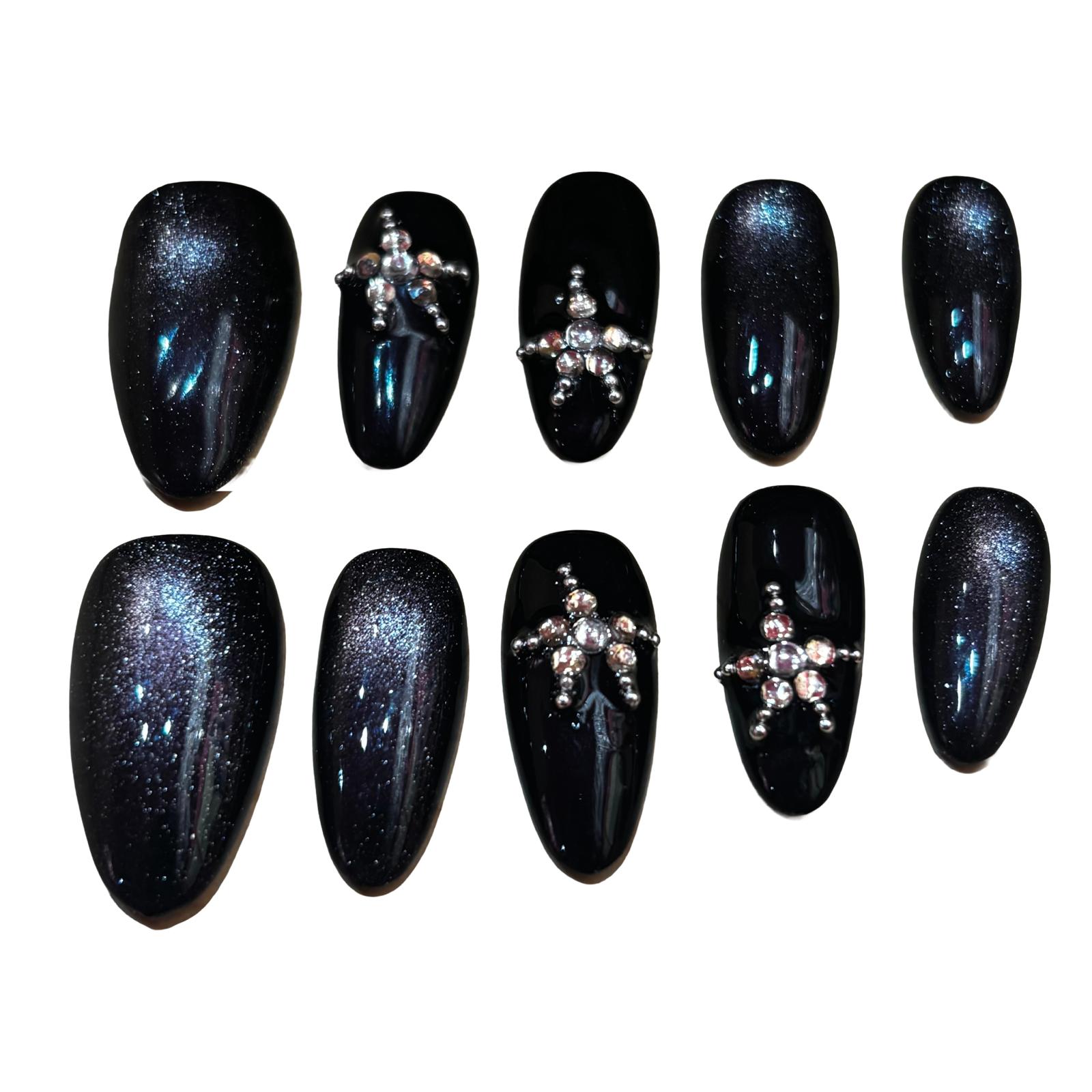 Black Star Bling Acrylic Almond Press On Nail - MaYonail Store