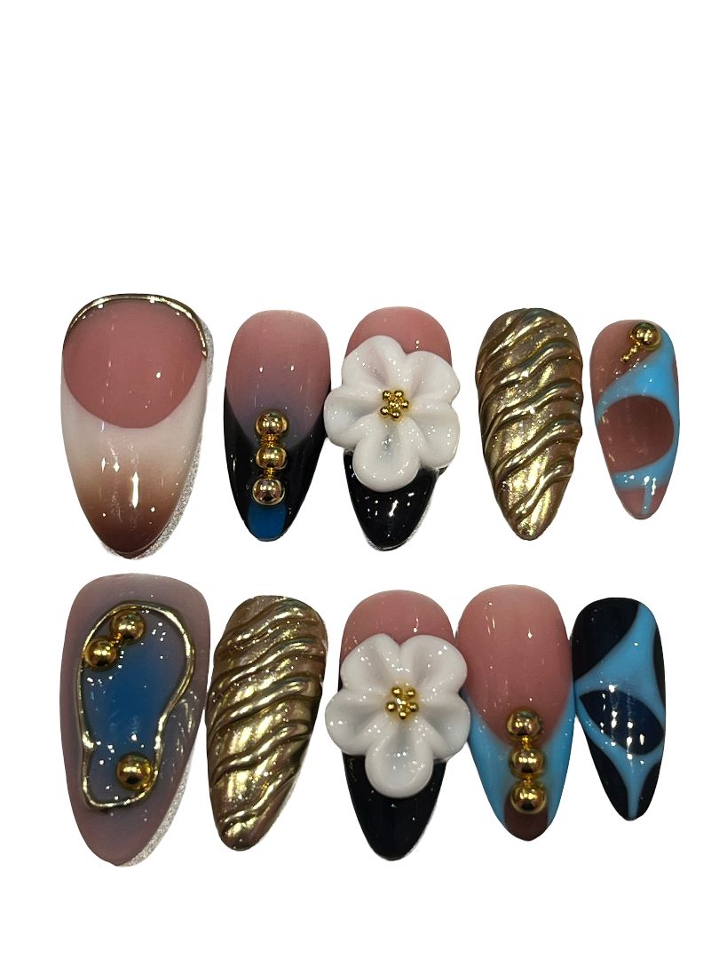 Golden Bloom Acrylic Almond Press On Nail - MaYonail Store