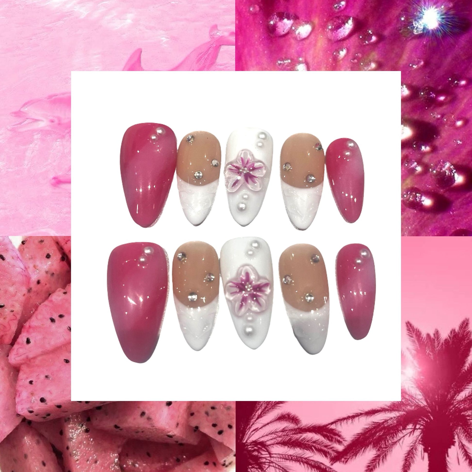 Pink Summer Acrylic Almond Press On Nail - MaYonail Store