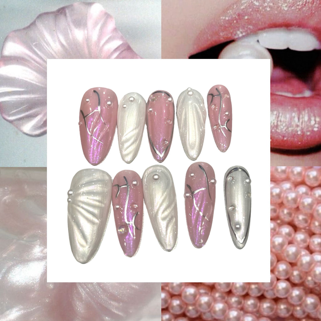 Pink Pearl Acrylic Almond Press On Nail - MaYonail Store