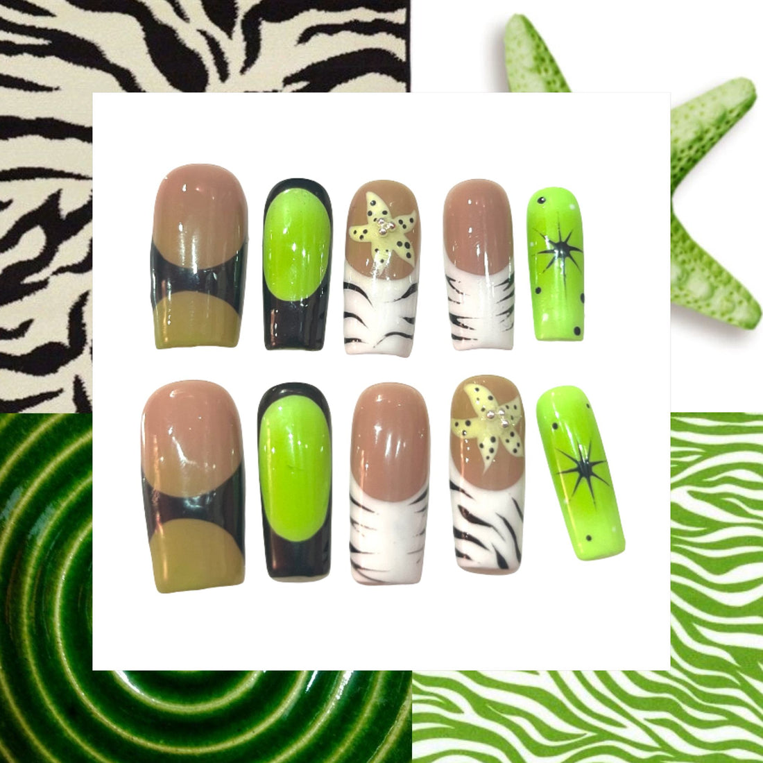 Zebra Lime Acrylic Square Press On Nail - MaYonail Store