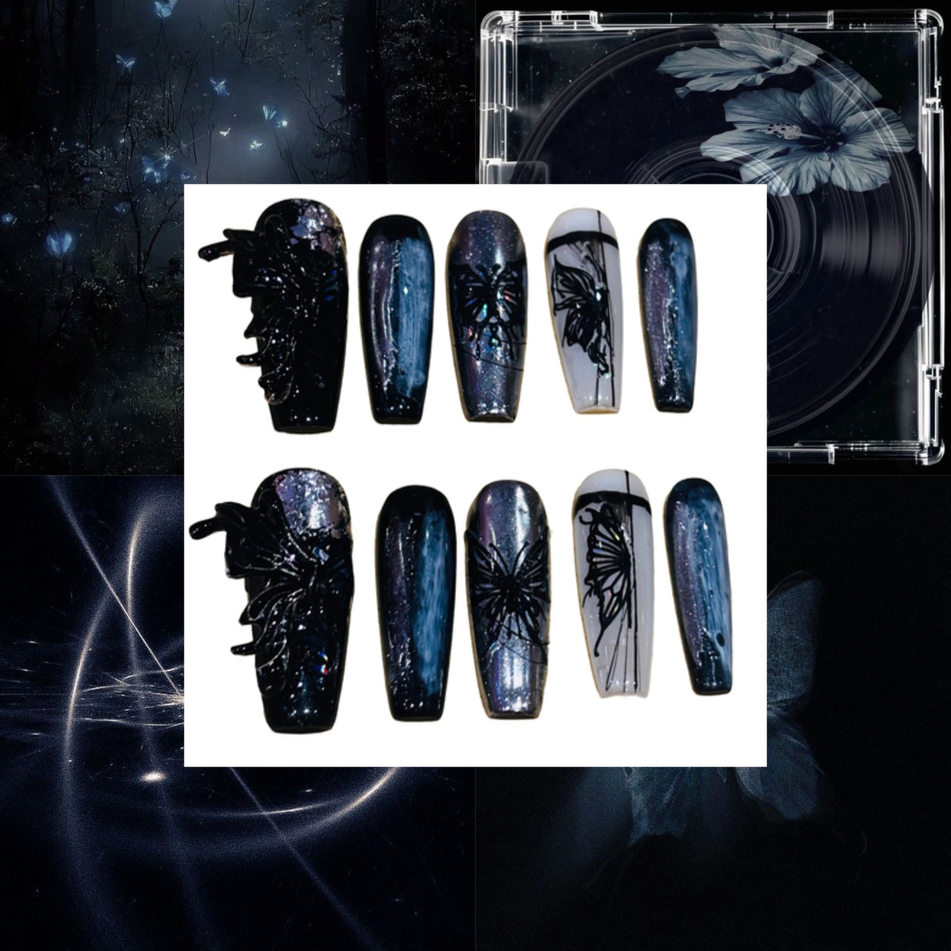 Midnight Butterfly Acrylic Coffin Press On Nail - MaYonail Store