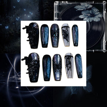 Midnight Butterfly Acrylic Coffin Press On Nail - MaYonail Store