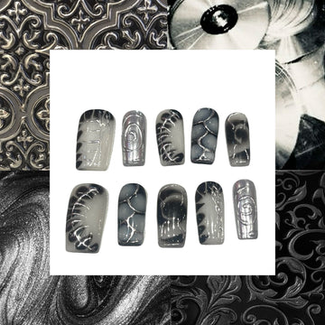 Silver Swirls Acrylic Square Press On Nail