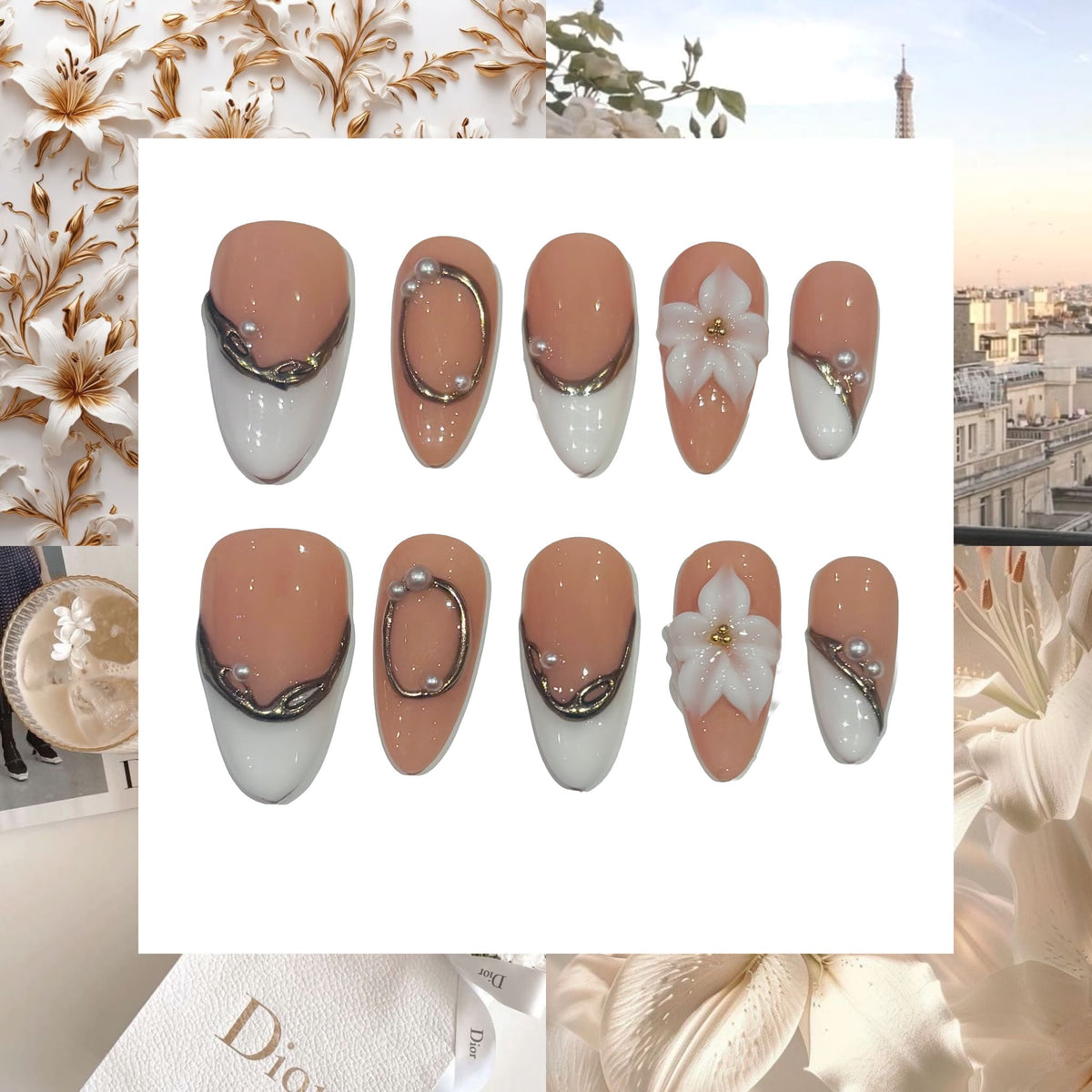 Paris Flower Acrylic Almond press On Nail L177 - MaYonail Store