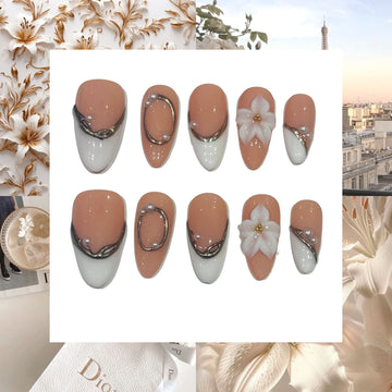 Paris Flower Acrylic Almond press On Nail L177 - MaYonail Store