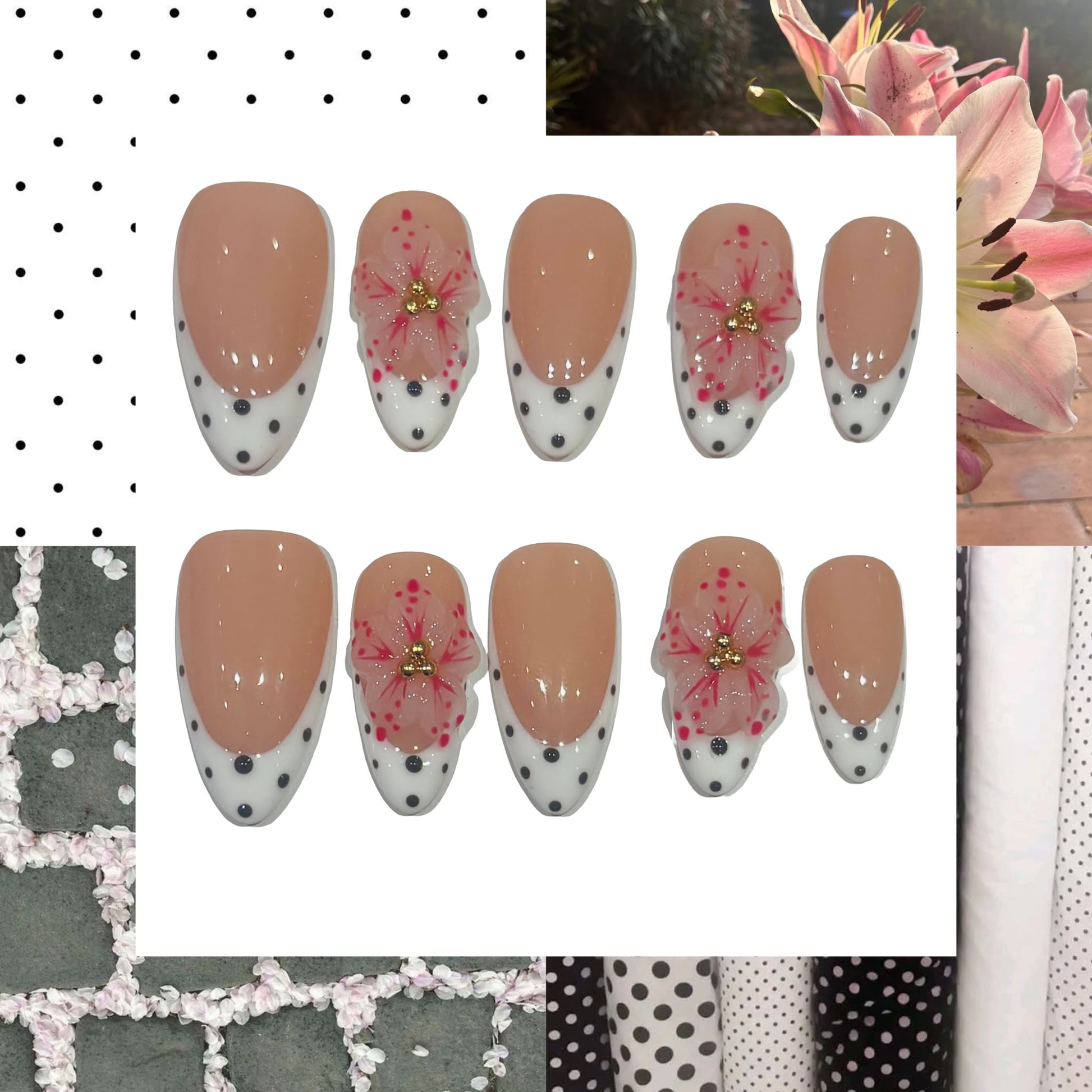 Polka Lily Acrylic Almond press On Nail L203 - MaYonail Store