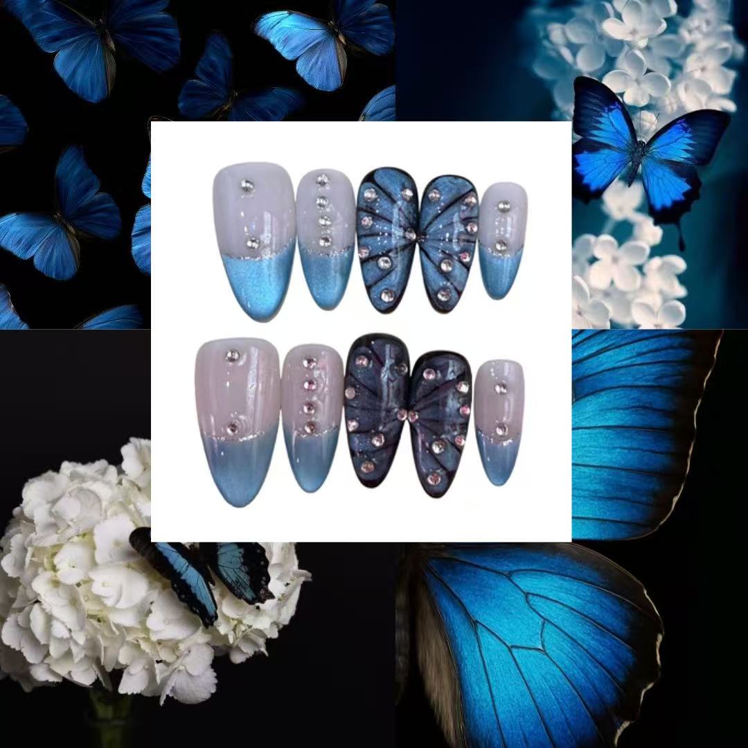 Blue Butterfly Acylic Almond Press On Nail - MaYonail Store