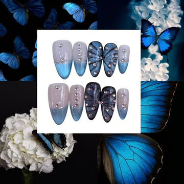 Blue Butterfly Acylic Almond Press On Nail - MaYonail Store