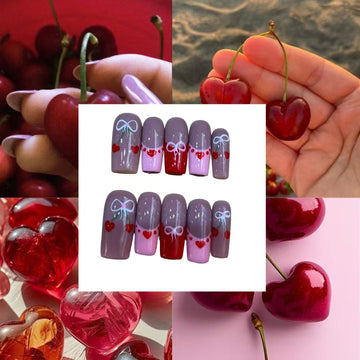 Cherry Heart Acrylic Square Press On Nail Y420 - MaYonail Store