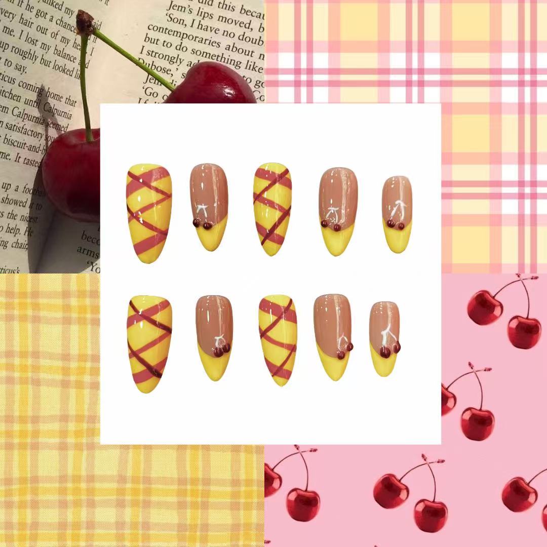 Cherry Picnic Acrylic Almond Press On Nail - MaYonail Store