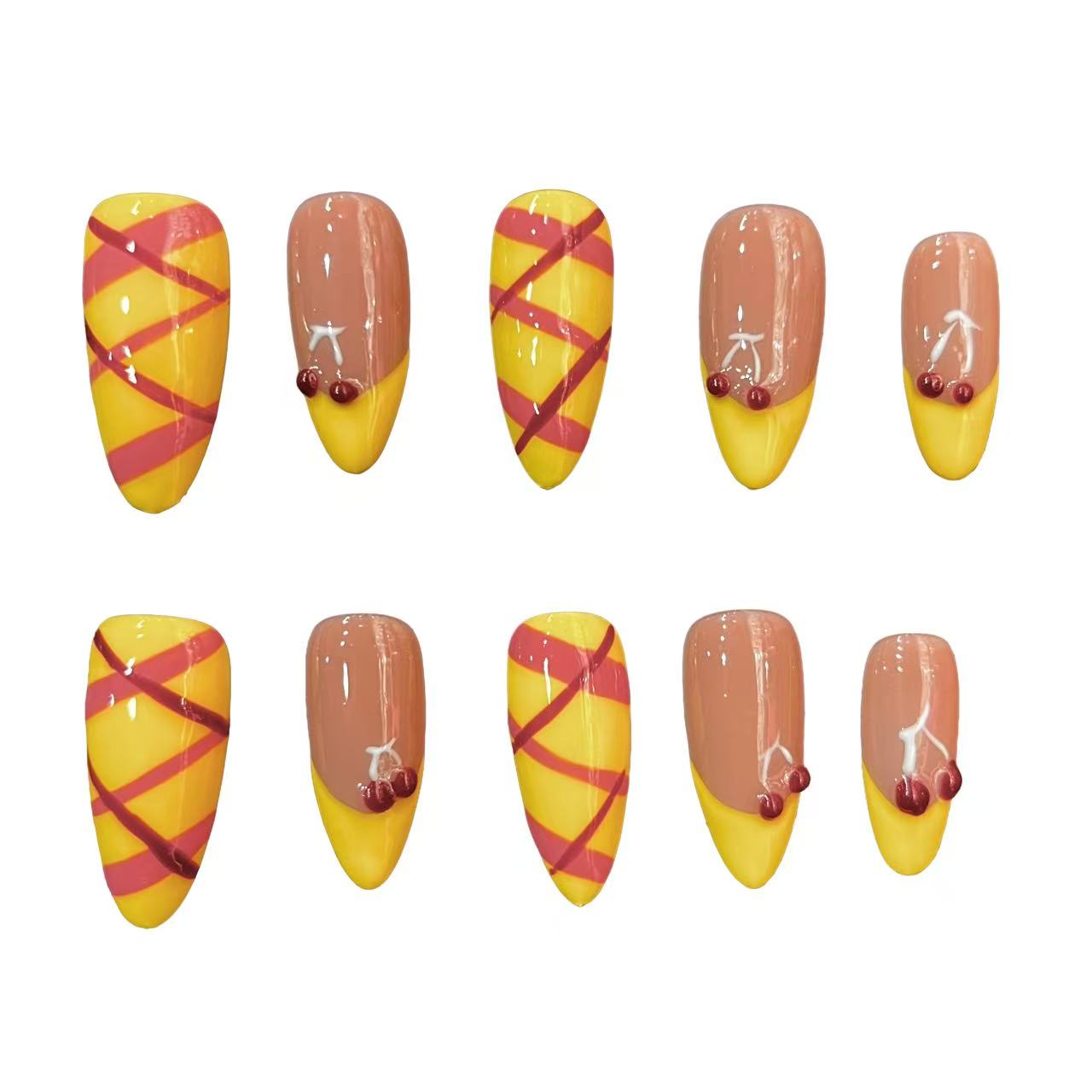 Cherry Picnic Acrylic Almond Press On Nail - MaYonail Store