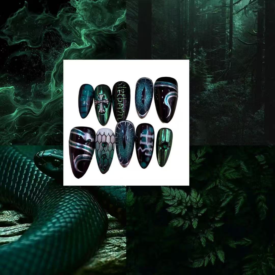Emerald Snake Acylic Almond Press On Nail - MaYonail Store