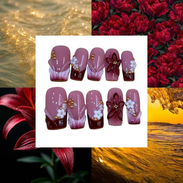 Golden Bloom Acylic Square Press On Nail - MaYonail Store