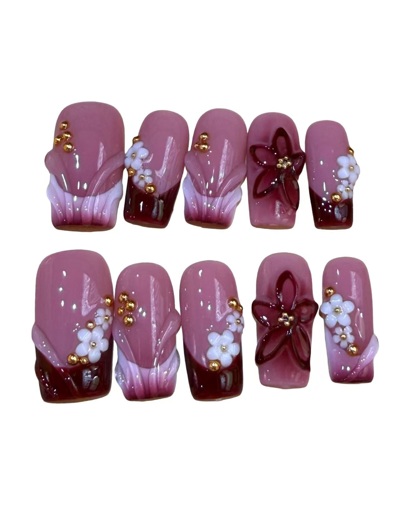 Golden Bloom Acylic Square Press On Nail - MaYonail Store
