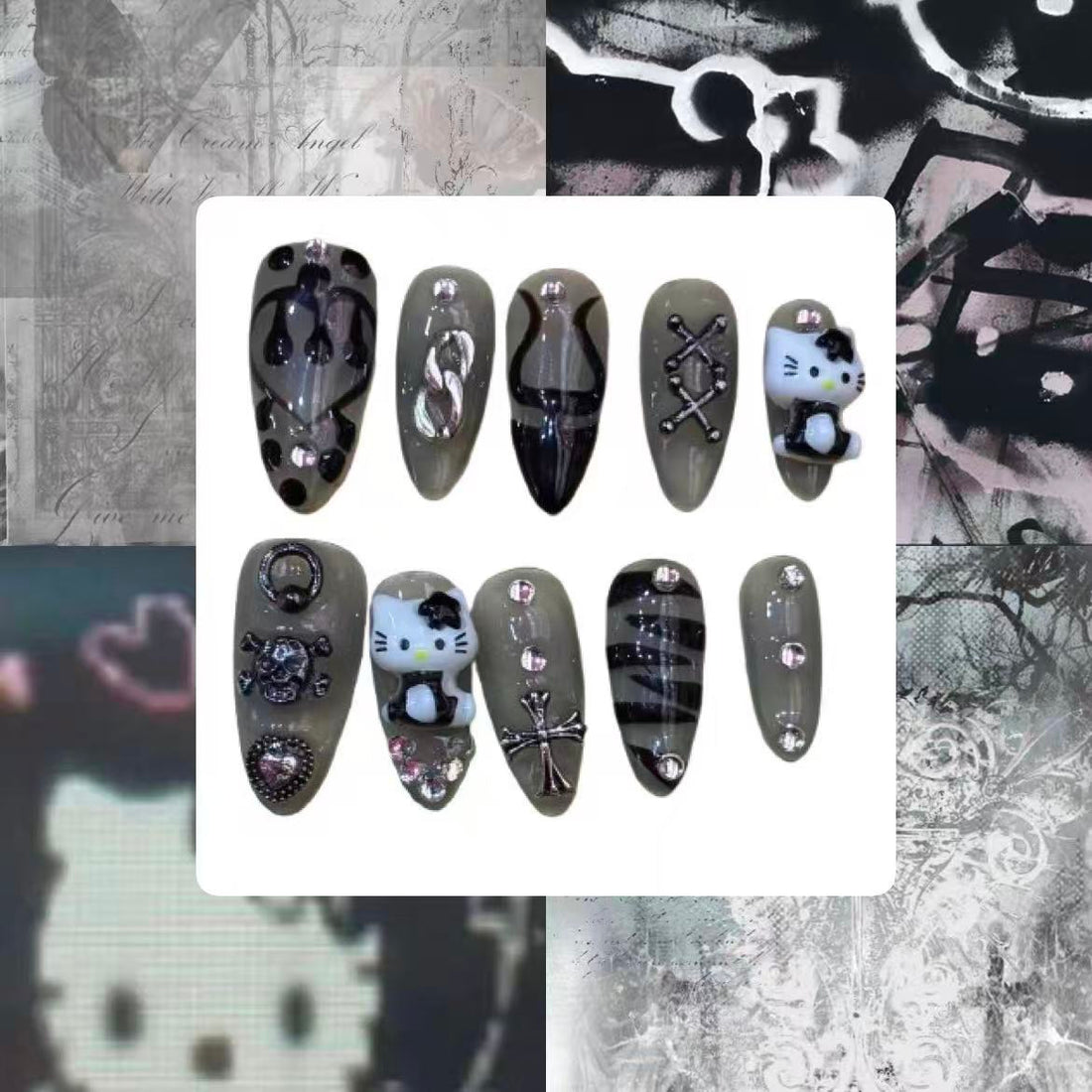 Grunge Kitty Acrylic Almond  Press On Nail - MaYonail Store