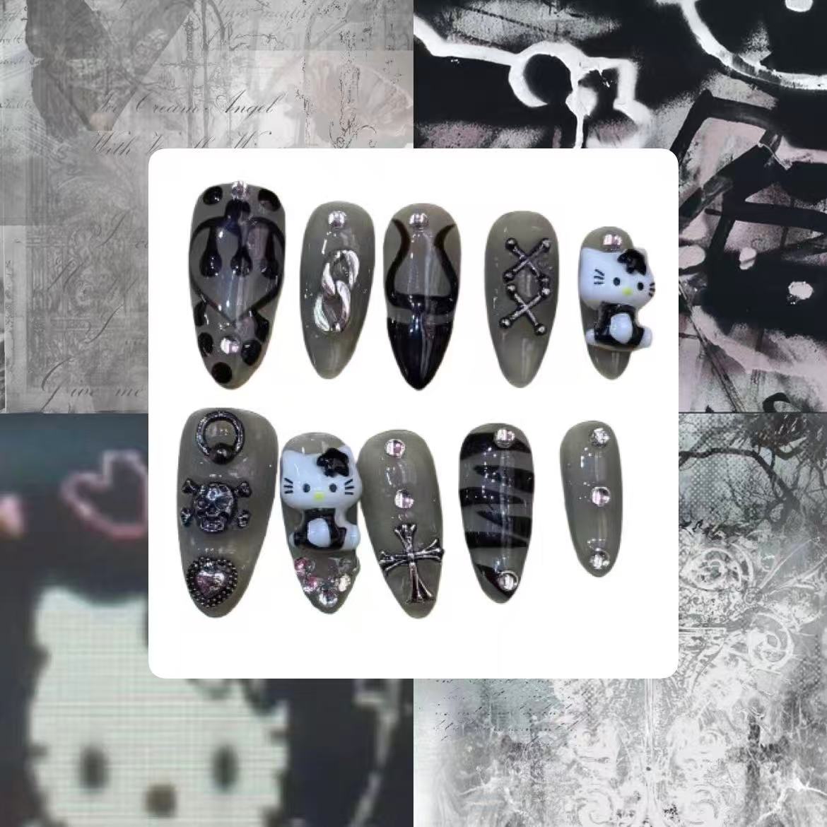 Grunge Kitty Acrylic Almond  Press On Nail - MaYonail Store