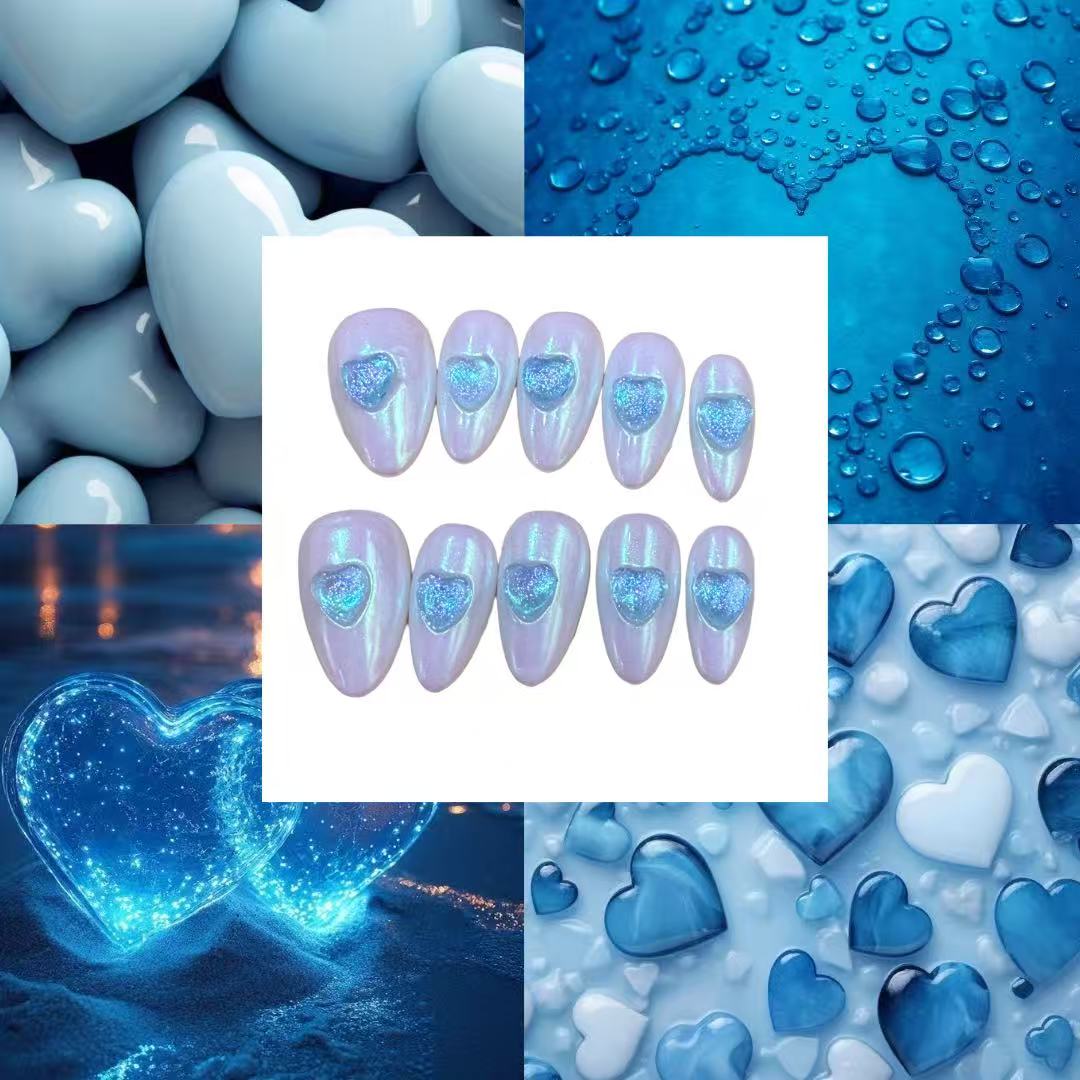 Ice Heart Acylic Almond Press On Nail - MaYonail Store