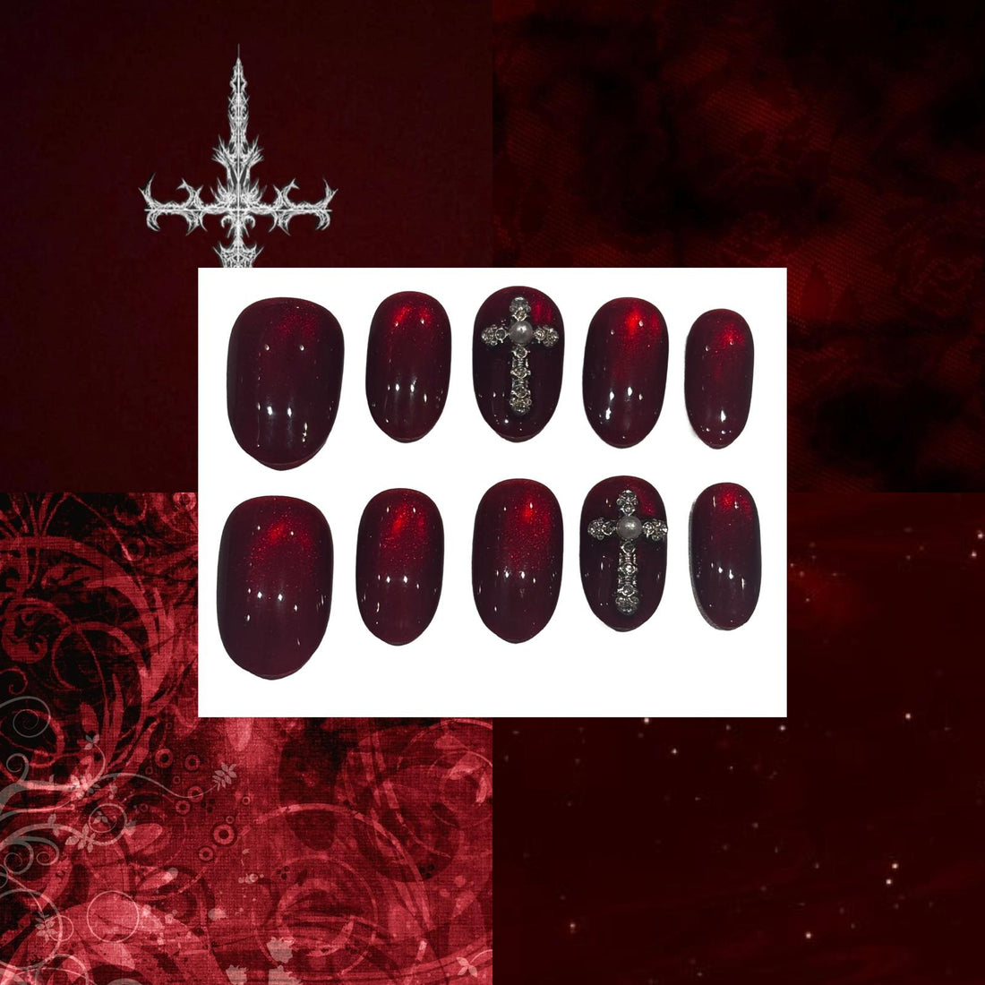 Red Rhinestone Cross Acrylic Round Press On Nail - MaYonail Store