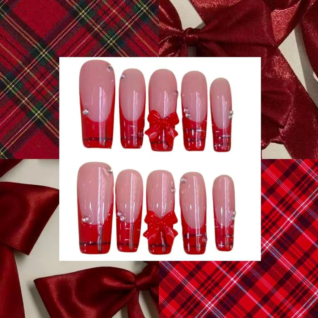 Red Plaid Square Press On Nail - MaYonail Store