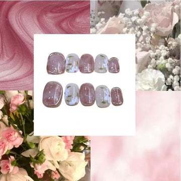 Pink Obre floral  Acrylic Round Press On Nail