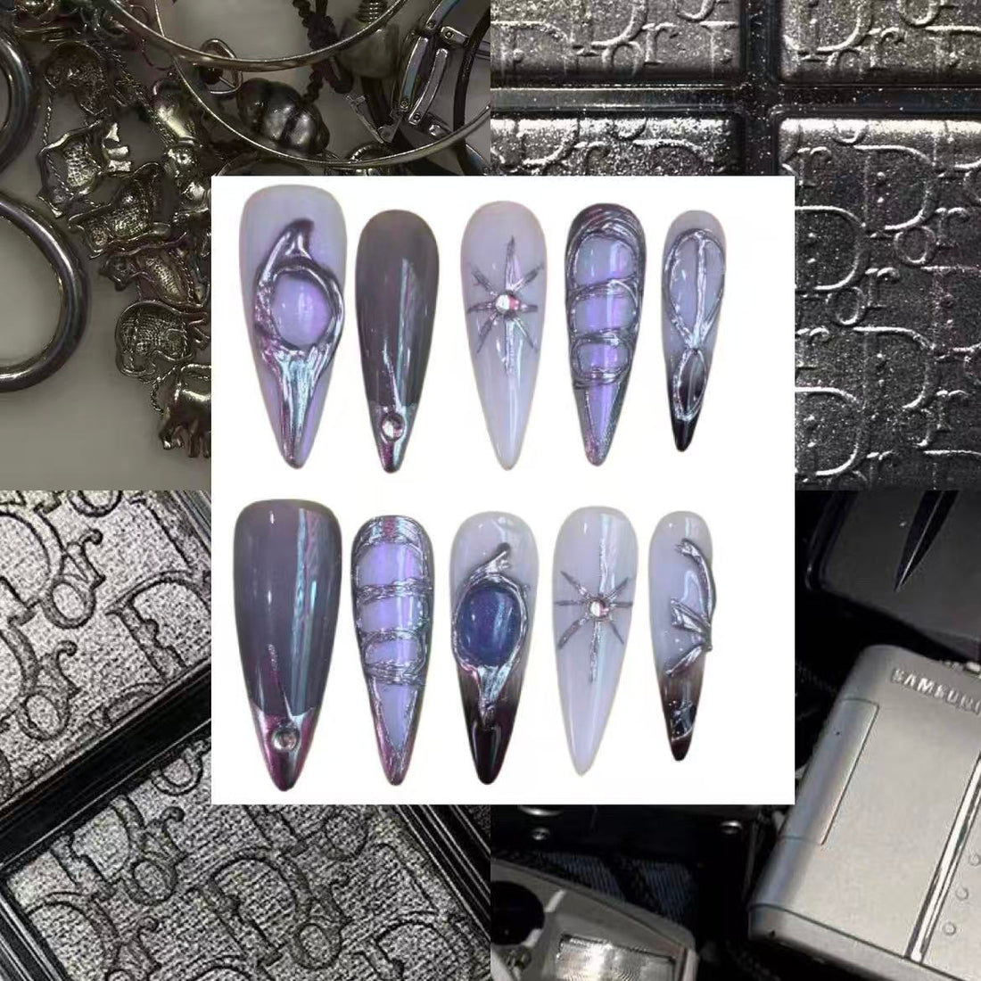 Silver Cyber Abstract Acrylic Stiletto Press On Nail - MaYonail Store