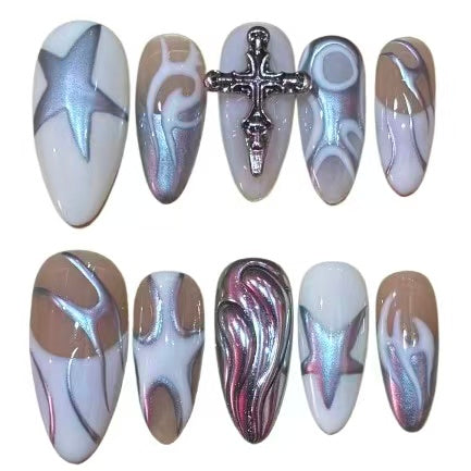 Silver Grunge Acrylic Almond press On Nail - MaYonail Store