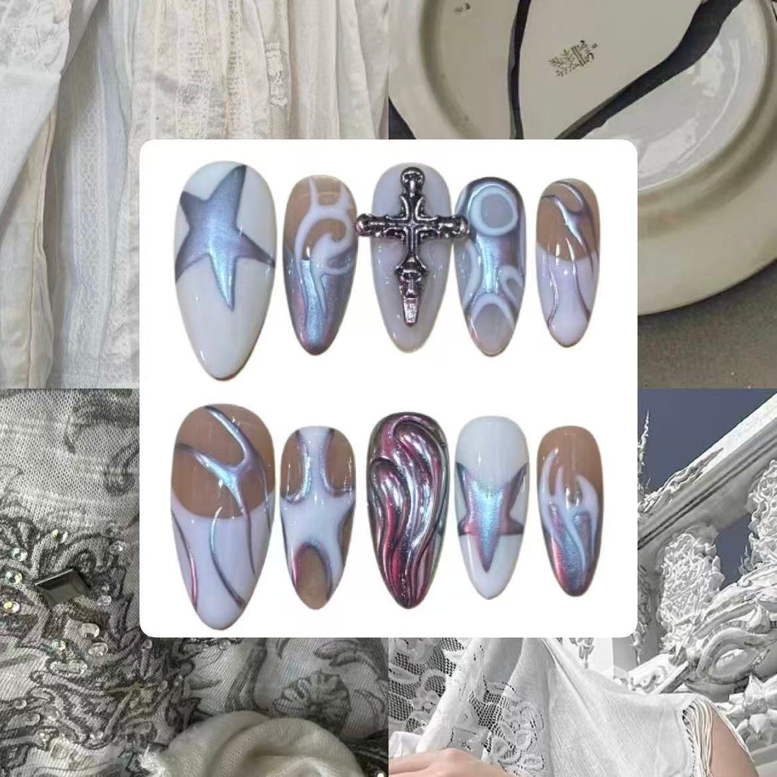 Silver Grunge Acrylic Almond press On Nail - MaYonail Store