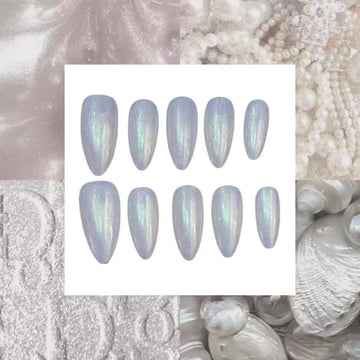 White Shimmer Acrylic Almond Press On Nail